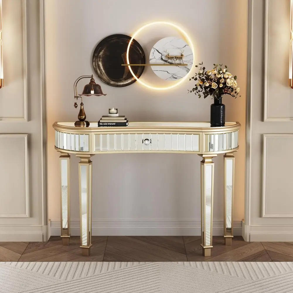 

47 Inch Gold Mirrored Half-Moon Console Table with Tempered Glass Top and Crystal Knob, Luxurious Entryway or Bedroom Furniture