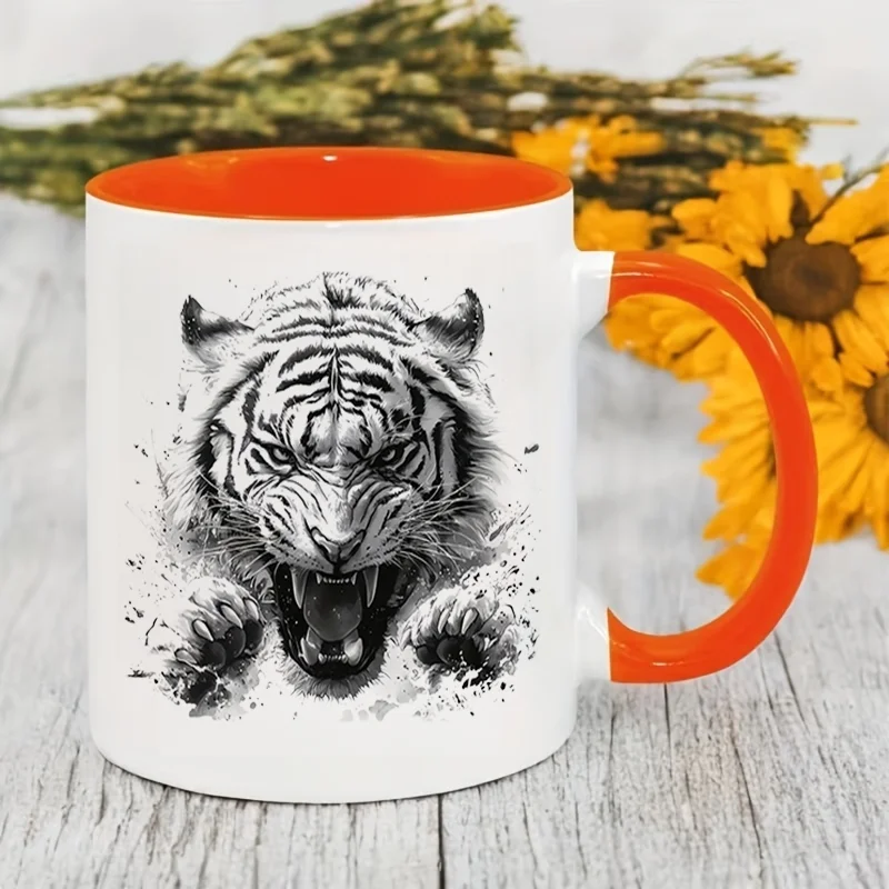 Black White Tiger Head Colorful Print Ceramic Coffee Mug 11oz 350ml Personalized Custom Mug Microwave Safe Cute Aesthetic Mug Bi