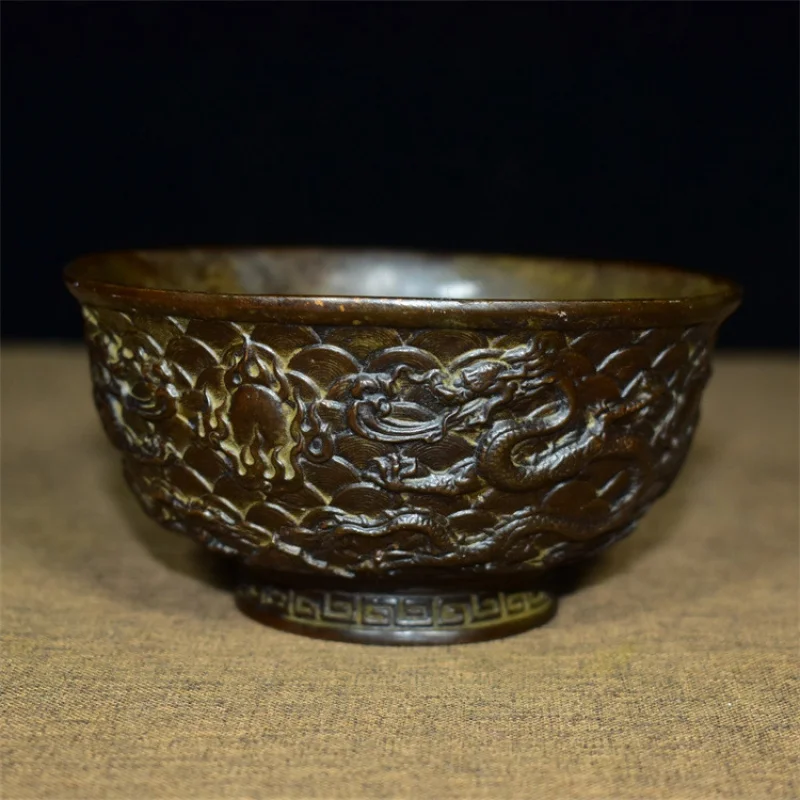 

Antique Imitation Purple Copper Qing Dynasty Qianlong Year Kowloon Bowl Antique Old Object Return Double Dragon Old Copper Bowl