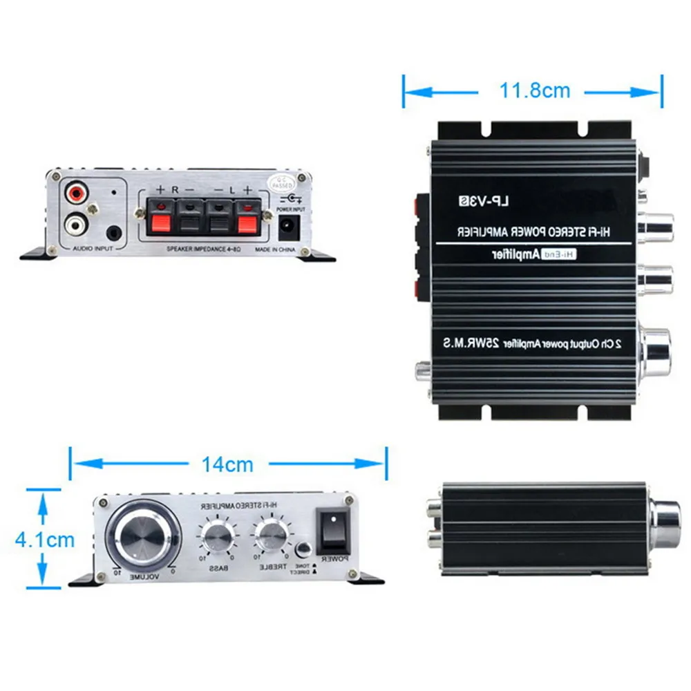 12V Mini Hi-Fi Songs Track LP-V3 Amplifier Stereo Connection 700W Power 3.5mm Black Car Audio Speaker Digital MP3