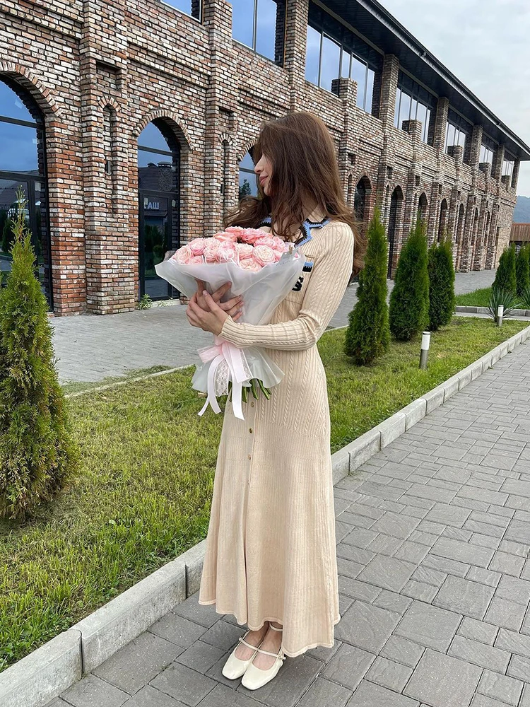 Long Sleeve Knitted Dress Women Fashion Embroidery Single Breasted Lapel Slim Elegant Chic Dresses Streetwear Sweater Vestidos