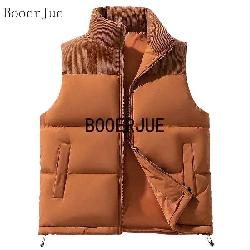 Corduroy Spliced Men Thick Padded Vest Fleece Lined Stand Collar Sleeveless Windproof Rainproof Slim Warm Outdoor Camping Coat