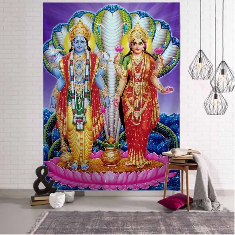 VIKAMA Hindu Wall Tapestry Lakshmi Goddess Lotus Elephant Backdrop Polyester Wall Hanging Bedroom Dorm Home Decor