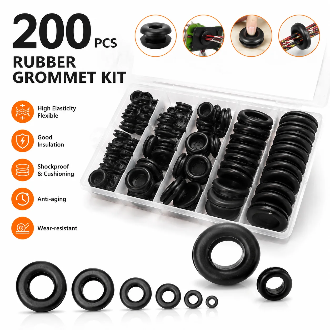 Black 200 Piece Rubber Combination Kit Sealing Ring, Water and Electricity Industrial Control Cable Protection Sealing Ring