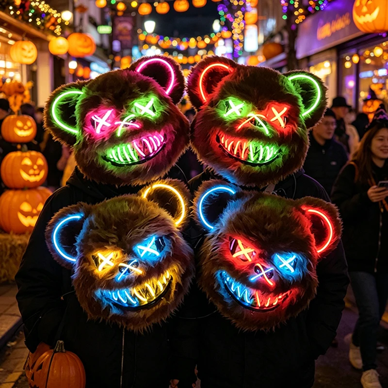 Mixed 2 Colors Neon Light Mask Brown Bear Similing Full Face Headgear Mask Adult Cosplay Props Glow In The Dark