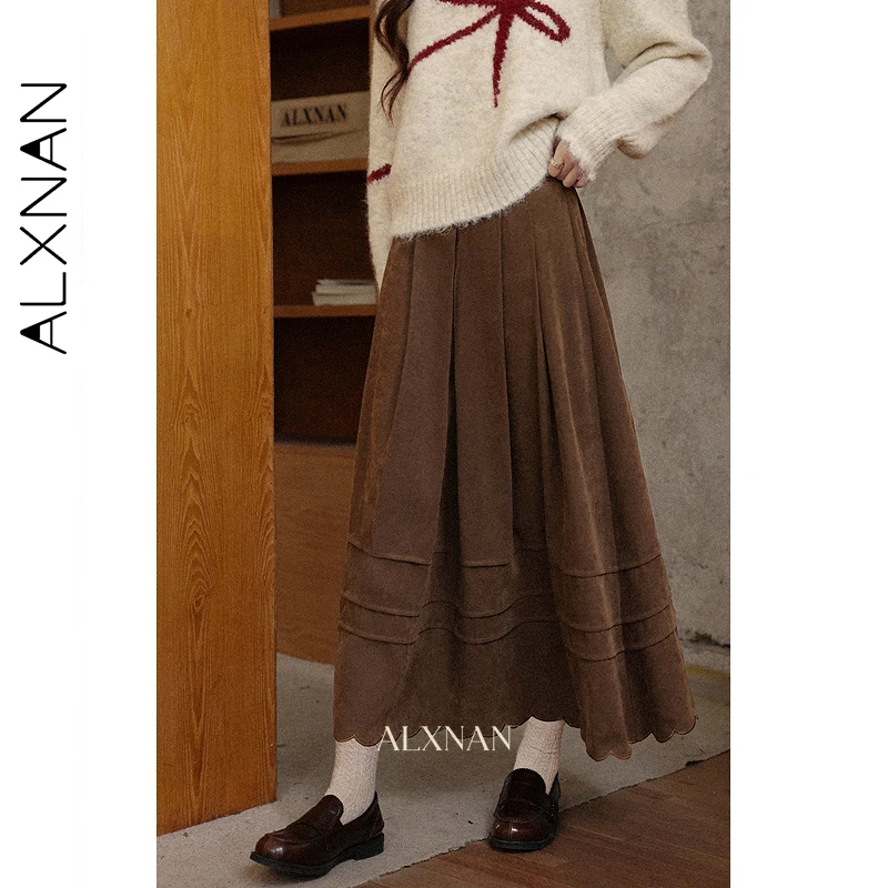 

ALXNAN Brown Vintage Skirt Women Autumn High-waist Long Pleated Skirts 2025 Casual Fashion Lace Design Female Clothing L57307