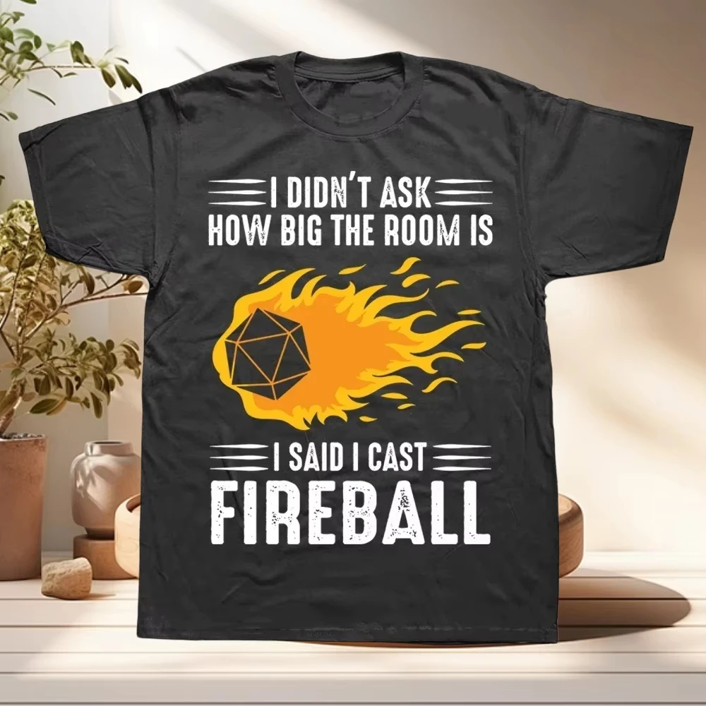 Unisex Fantasy Gamer Tee Fire D20 Polyhedral Dice Flame Funny Quote Chest Graphic Crew Neck Casual Short Sleeve Top