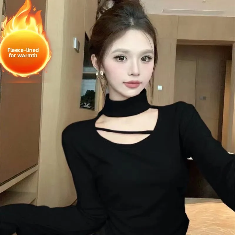 Sexy Long Sleeve Fleece Lined Slim Fit Short T-Shirt for Women Neck Hanging Design Hollow out Warmth Breathable Cotton Blend