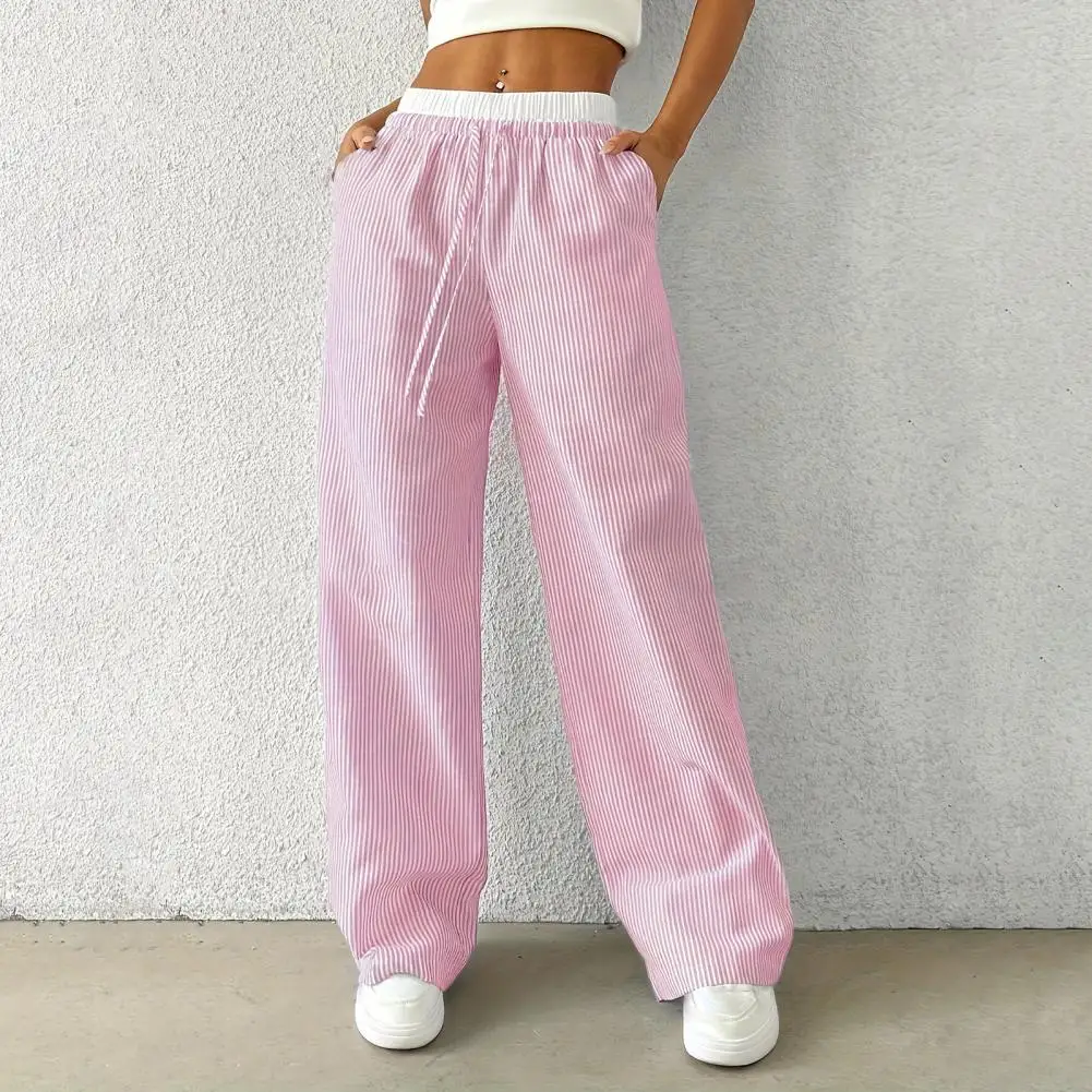 Long Pants Women’s Wide-leg Casual Pants Elastic Waist Adjustable Drawstring Trousers Striped Design Long Daily Wear Bottoms