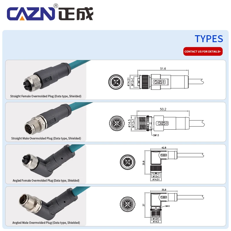 M12 X-Coded Overmolded Plug Male Female Straight Angled 8 Pin CAT6A PUR IP67 Shielded for Industrial Ethernet & High-Speed Data