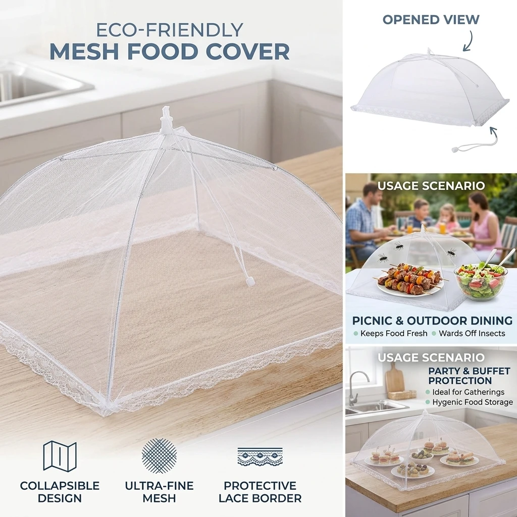 40x60cm Rectangular Food Cover Fly Proof Mesh Gauze Lace Edged Vegetable Cover Simple Design Kitchen Essential