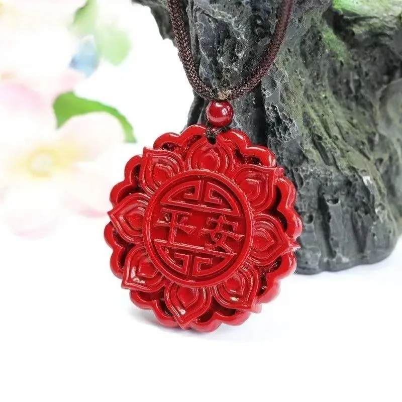 Cinnabar Eight Treasures Lotus Ping An Brand Pendant Men's and Women's Same Necklace Jewelry