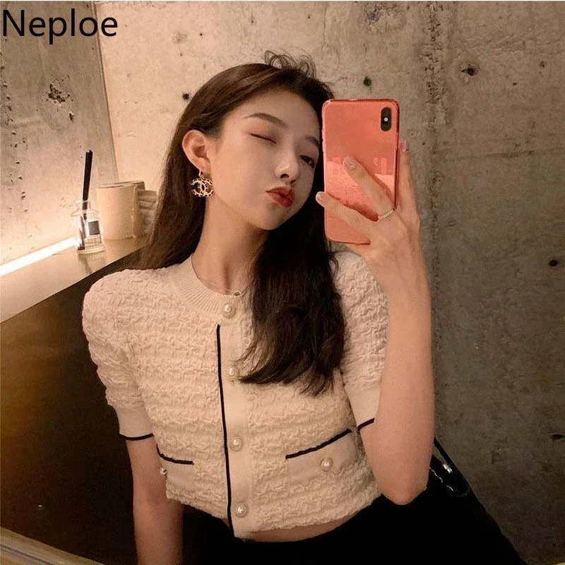 Neploe Elegant Cardigans Women Blouses Fashion O Neck Short Sleeve Knitted Shirts 2023 Summer Blusas Korean Ladies Crop Tops