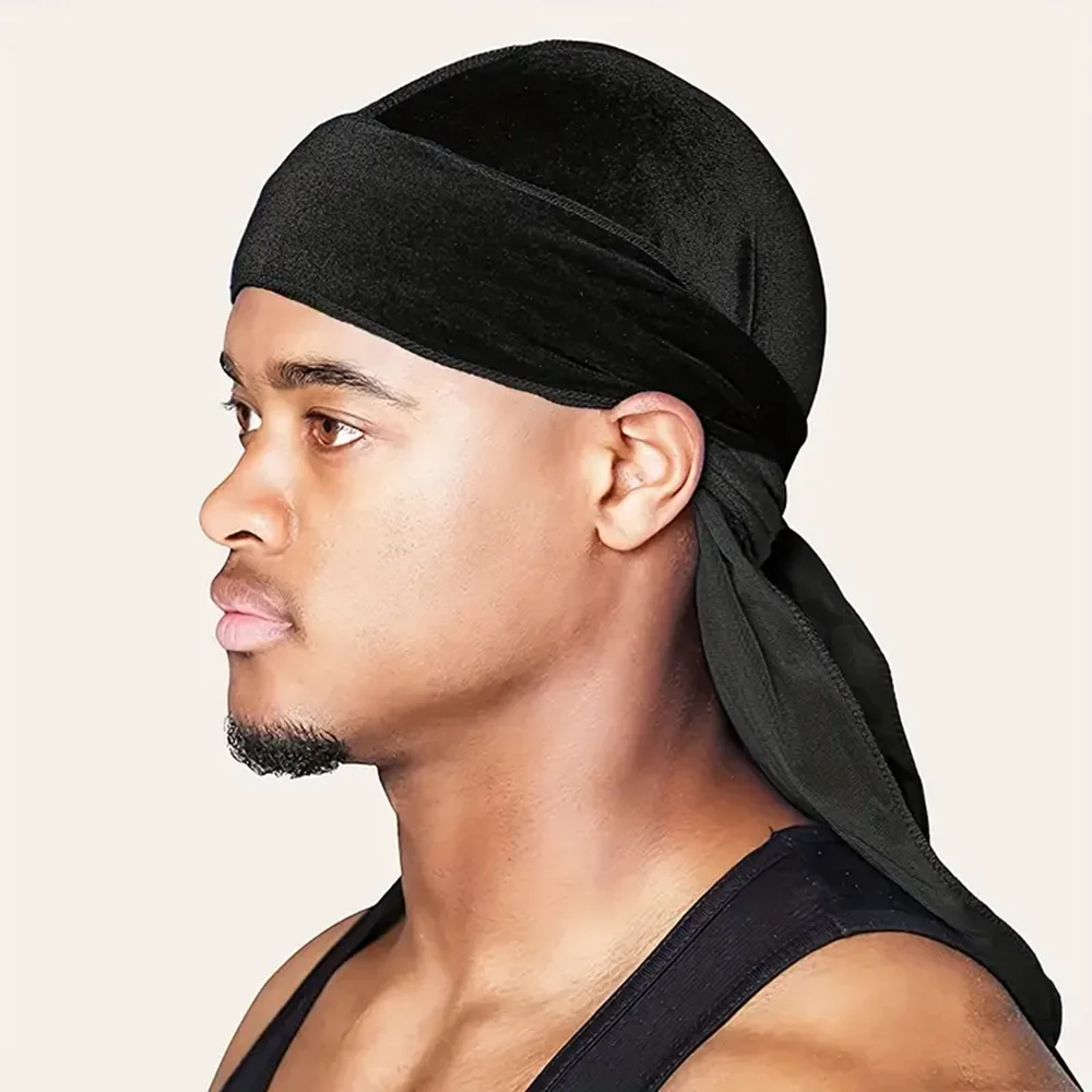 Men Velvet Durag Solid Color Long Tail Bandana Wave Cap Soft Velvet Head Wrap For Braids Dreadlocks Hair Styling Do Rag