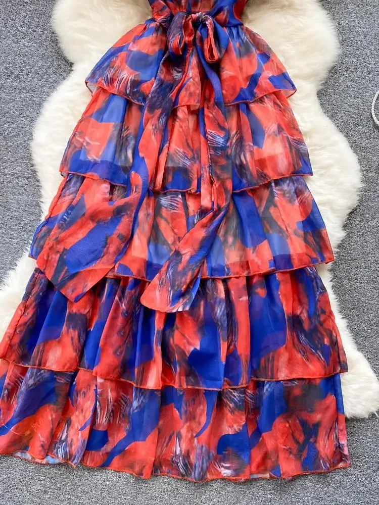 Robe longue bohème à volants en cascade pour femmes, robe maxi sexy, col en V, dos évidé, taille haute, vacances, plage, imprimé