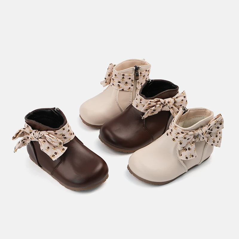 Baby Girl Korean Version of Leather Boots Girls Shoes Bow Booties New Single Shoes Girls Toddler Shoes.