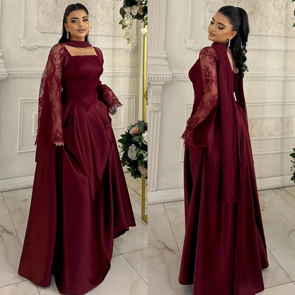 

Customized Sexy Fashion Pleat Lace A-line Square Neck Long Dresses Bespoke Occasion Dresses Sizes Available High Quality Formal