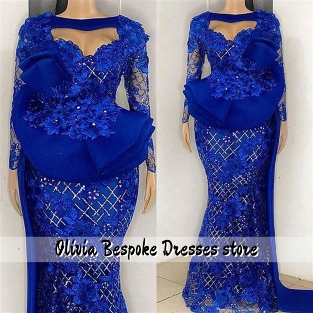 Fancy King Blue Lace Appliques Evening Dresses Aso Ebi Long Sleeves African Mermaid Nigerian Woman Dress For Special Occasions