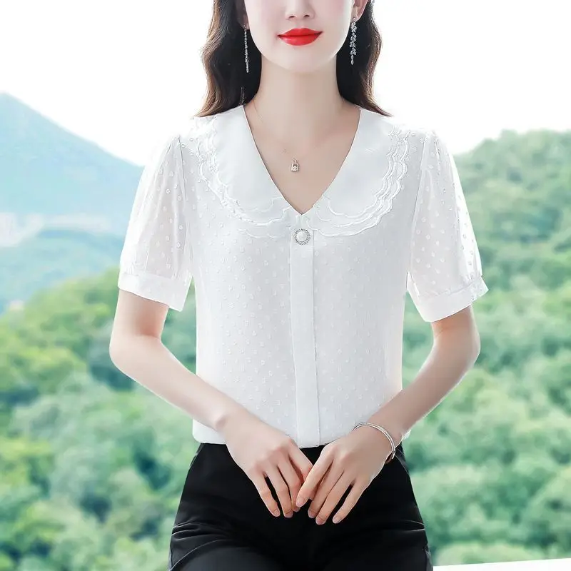 Women Summer Simplicity Fashion Loose Solid Color Peter Pan Collar Short Sleeve Chiffon Shirts Ladies Casual Appear Thin Tops