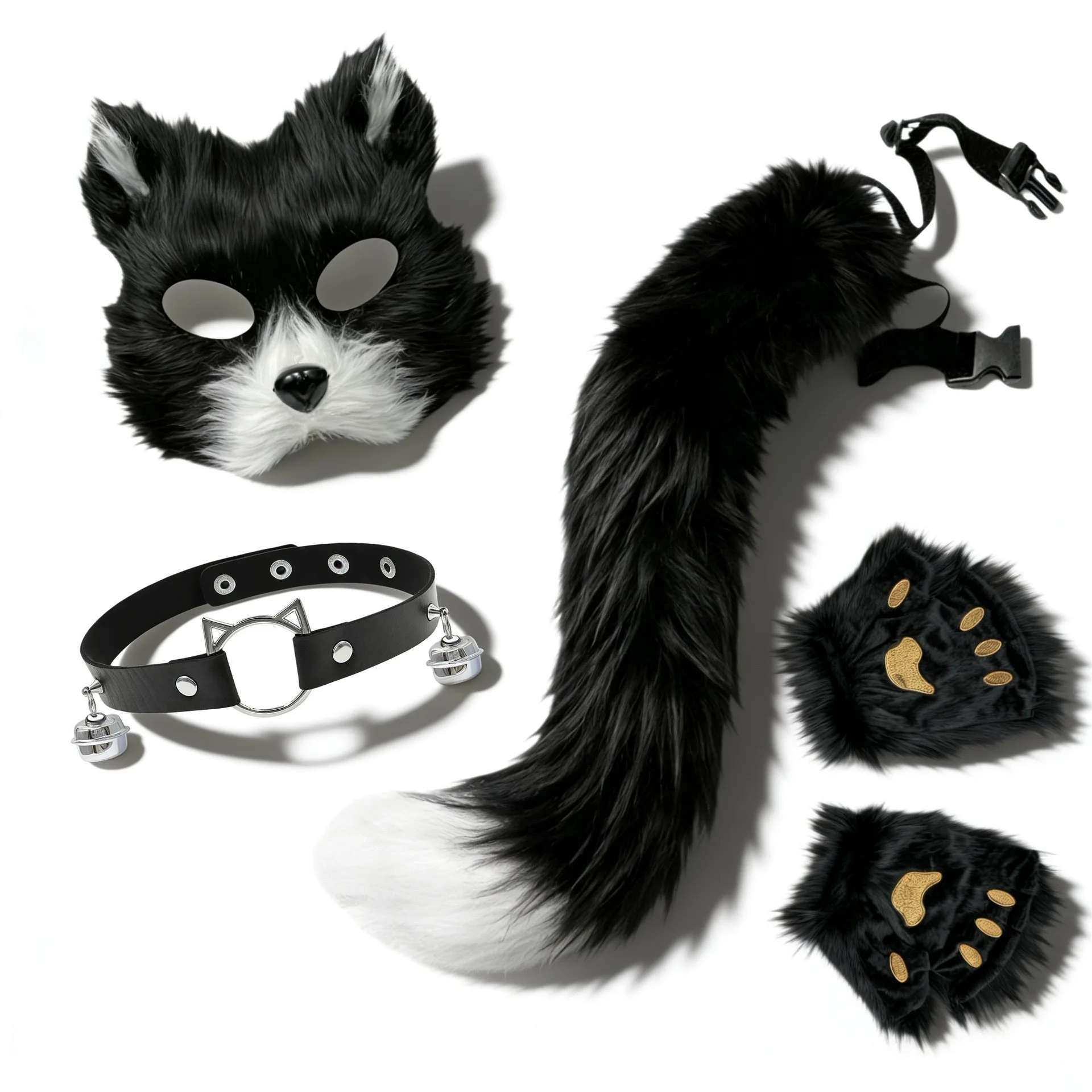 

Womens Cosplay Set Animal Ears Mask Plush Gloves Tail Bell Collar Halloween Party