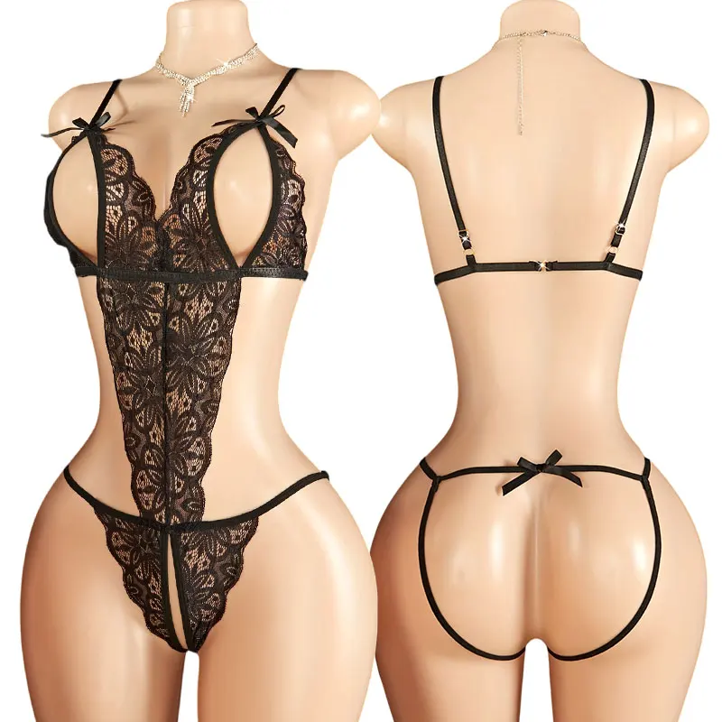 Curve Bra Panties Sexy Floral Lace Teddy Babydoll Trim Deep V Backless And Open Crotch Bodysuit For Women's Onesie Lingerie Sets