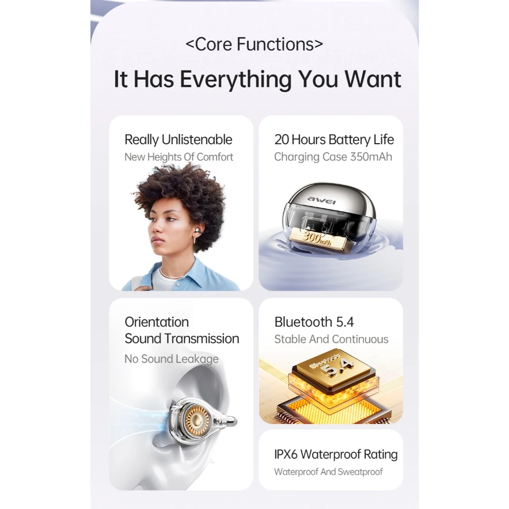 Awei TZ50 توصيل الهواء قرط كبس سماعات لاسلكية بلوتوث 5.4 سماعات أذن مفتوحة كليب على سماعات أذن رياضية IPX6 مقاوم للماء