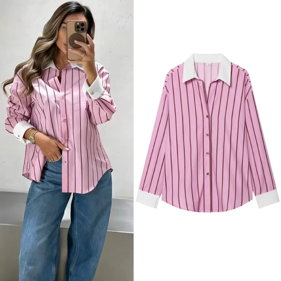 Women Blouses Tops Spring New Fashion Color Blocking Elegant Women's Shirts Tops Chic Street Single-breasted Tops