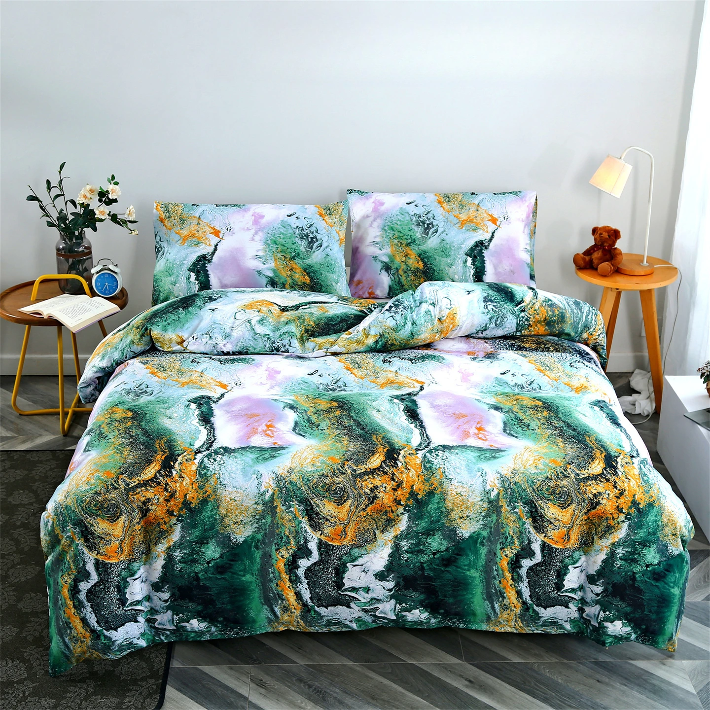 

Marble Duvet Cover Set Green Golden Mixed Marbling Pattern Comforter Covers Sets Abstract Bedding Set Luxury Art Decor Bedroom