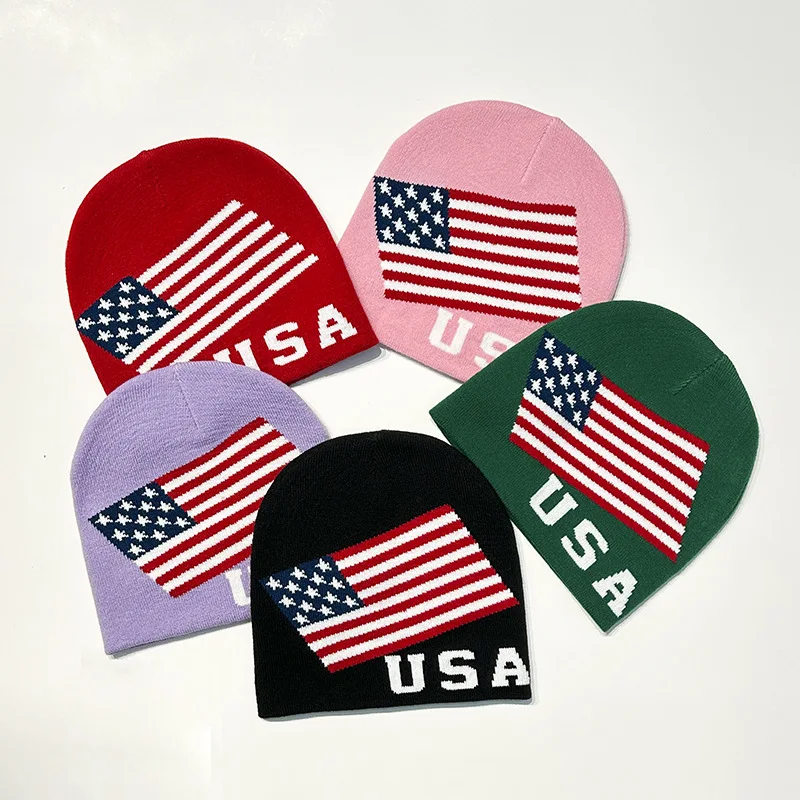 New Unisex USA American Flag Knitted Hat Letter Jacquard Autumn Winter Beanie Cap Y2k Hip Hop Street Cold Hat