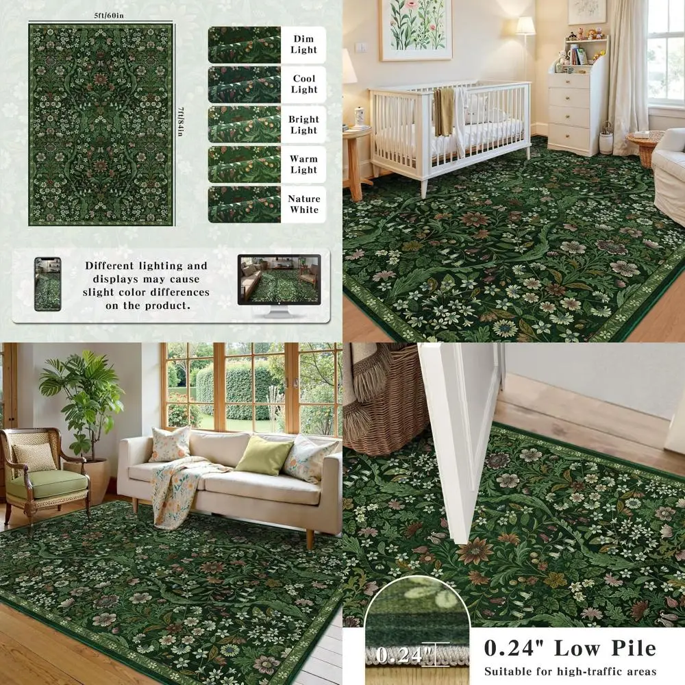 

Vintage Boho 5x7 Dark Green Washable Floral Rug, Soft Low-Pile Stain-Resistant Carpet for Living Room, Bedroom, Dining Area, Kid