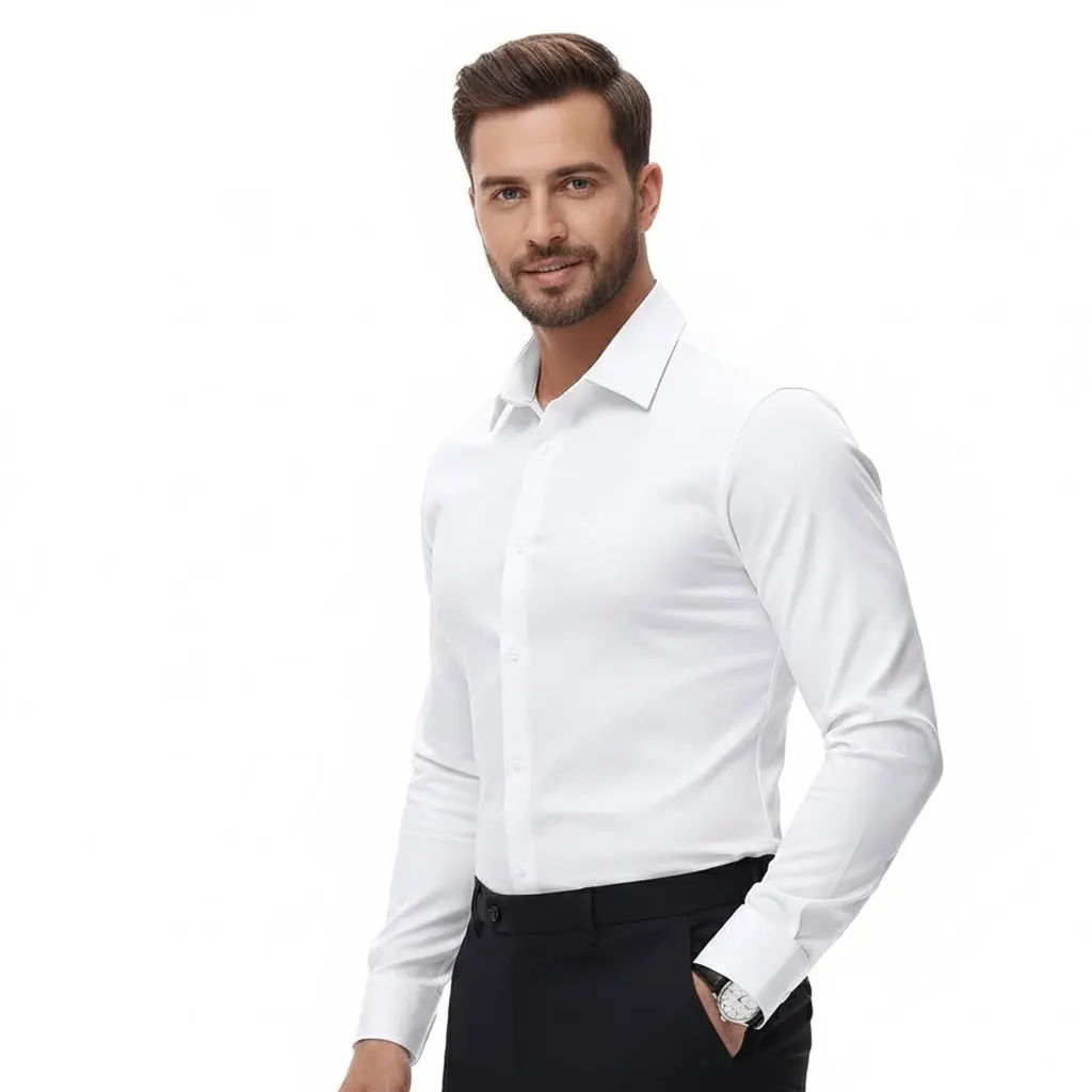 

Мужская классическая рубашка Muscle Fit, эластичная 4-сторонняя бесшовная шелковистая гладкая деловая повседневная рубашка на пуговицах без морщин