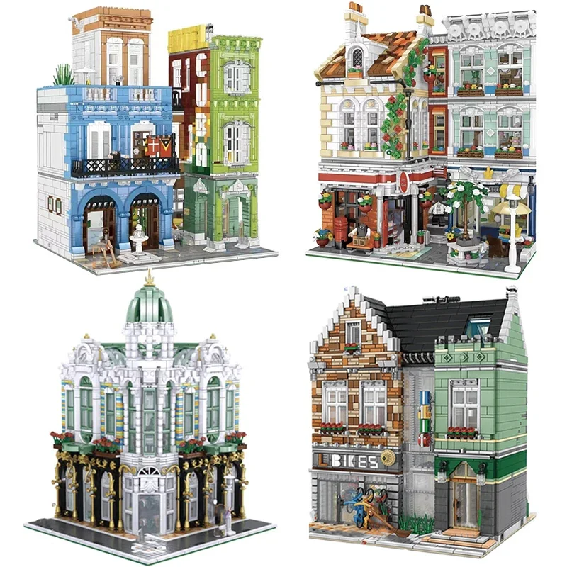 

City Street View Creative Square Cuba Hotel City Street View Architecture Building Blocks Set Gem Shop Bicycle Store Micro Brick