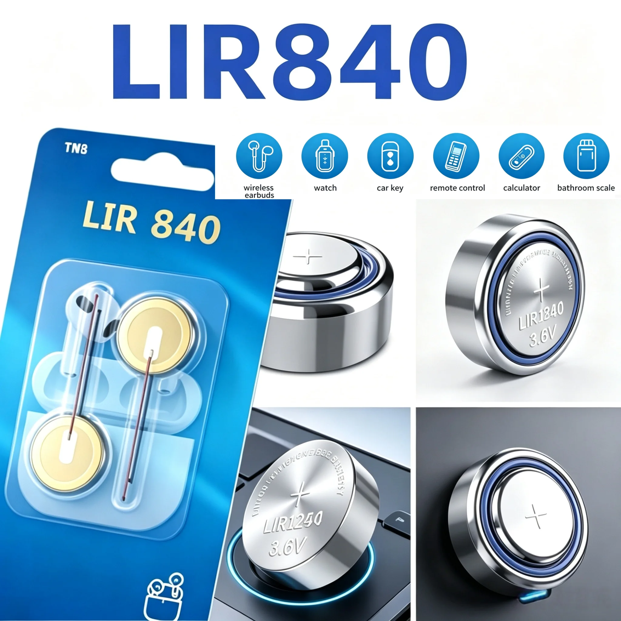 Wireless Earbuds Tws - 3.6V 18mAh LIR840 Steel Shell Button
