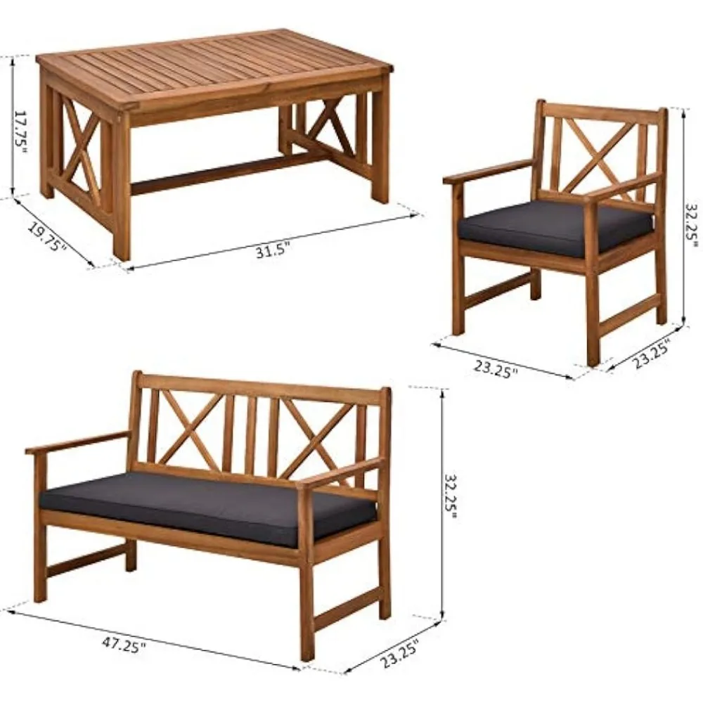 Ensemble de meubles de patio en bois d'acacia, 2 fauteuils, 1 canapé, 1 table basse, coussins inclus, 4 pièces