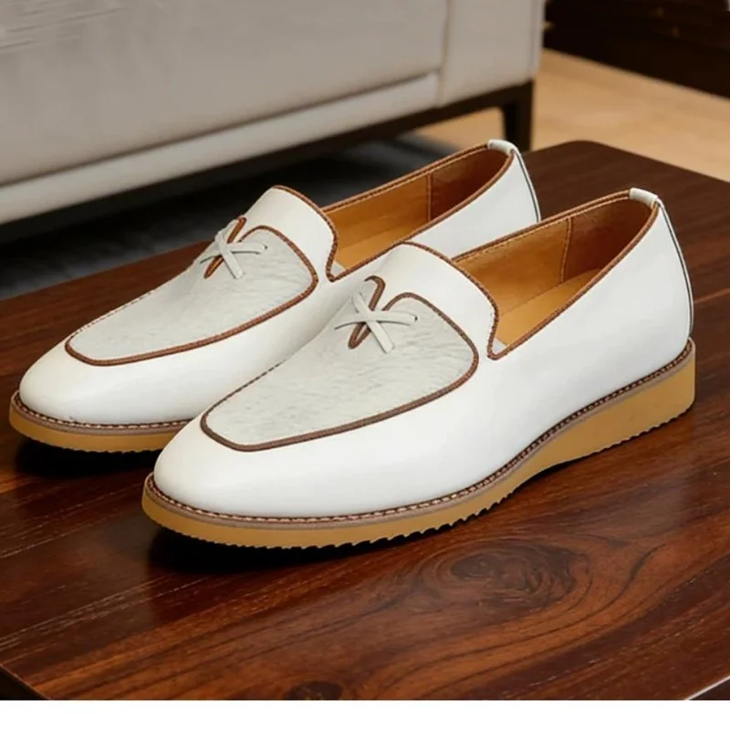 

Elegant Simple Style Men's White Loafers Cow Leather Slip-on Business Casual Shoes Fashion Cowhide Lining And Pad Dress Shoes