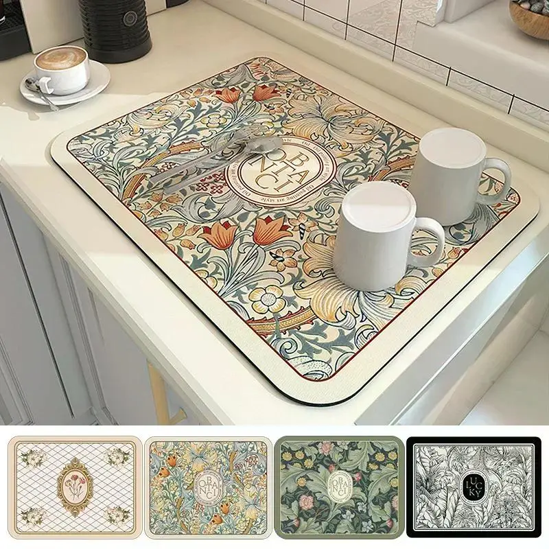 Printed Dish Drying Mat Super Absorbent Coffee Drain Pad Tableware Draining Pad Quick Dry Rug Kitchen Dinnerware Placemat