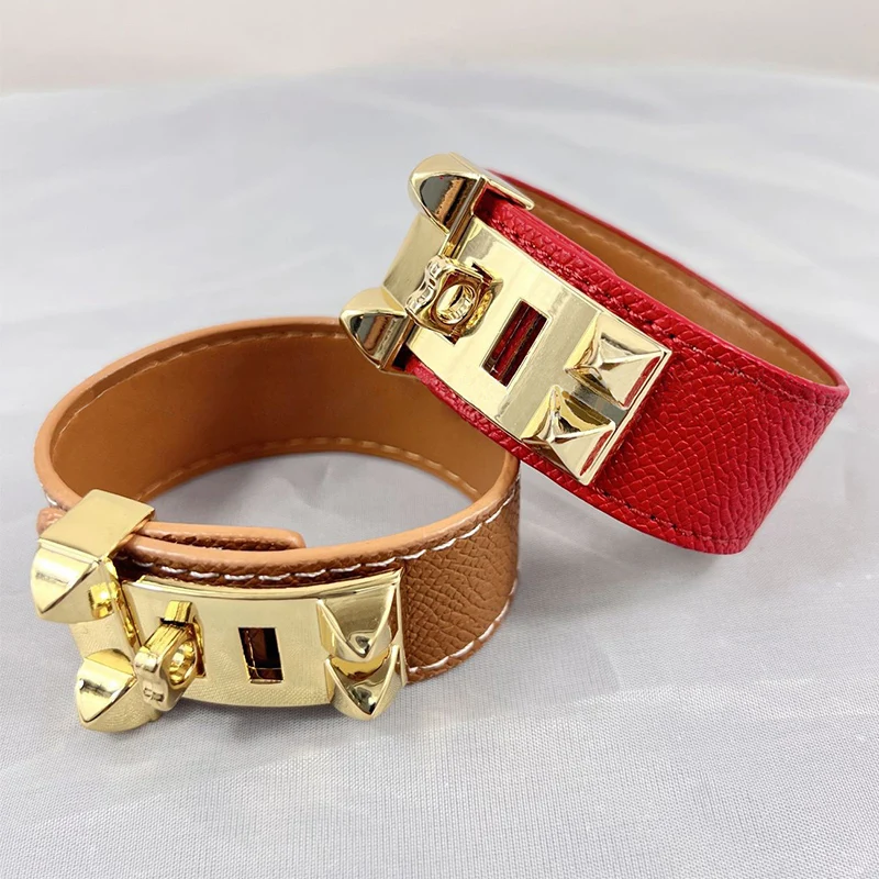 Top Quality 10 Colors Single Layer Leather Circle Gold Plated Rivet Stainless Steel Bracelet For Women Brand Element Jewelry