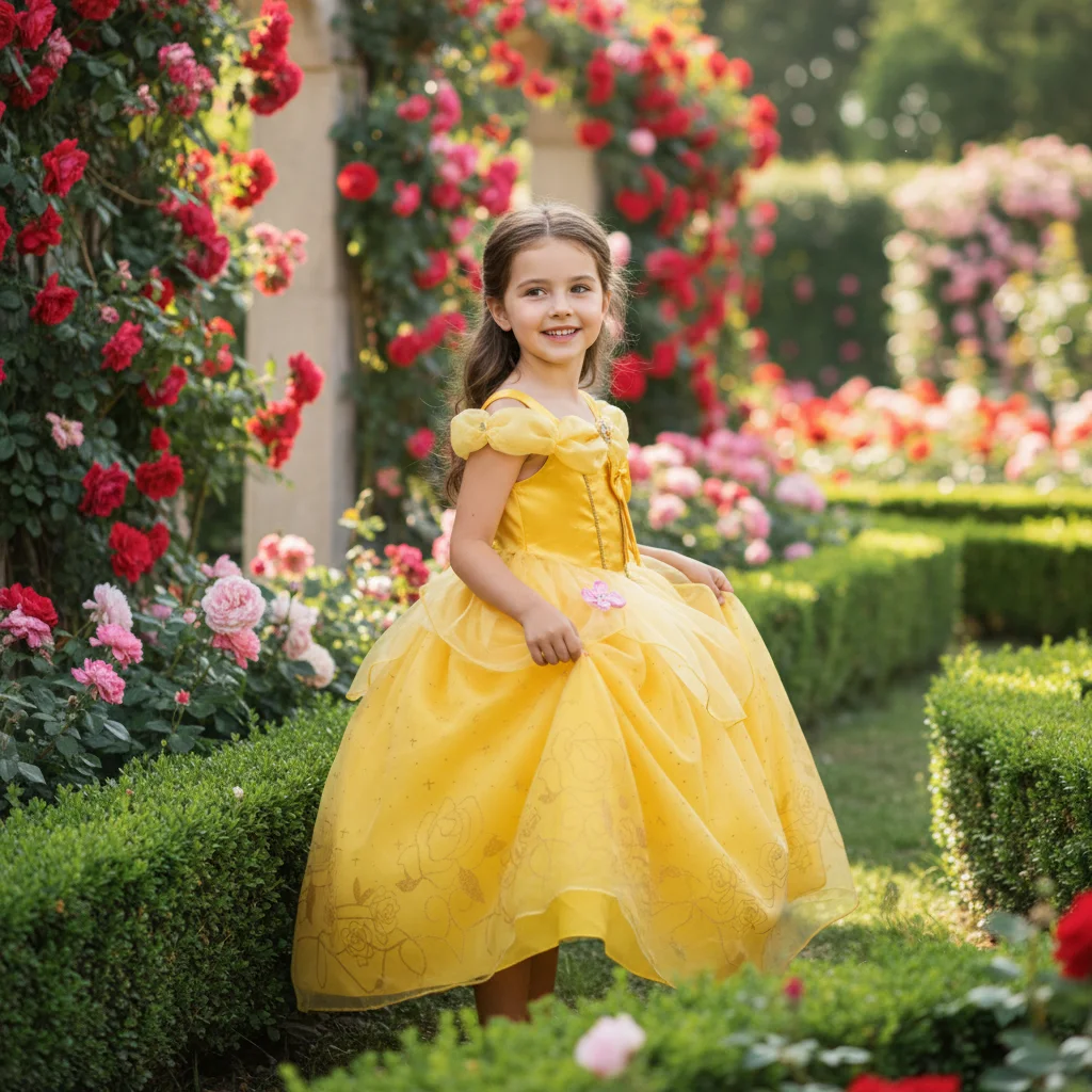Girls Voluminous Tulle Strapless Party Dress Glittering Fairy Tale Print Bow Flower Accent Carnival Costume for Kids