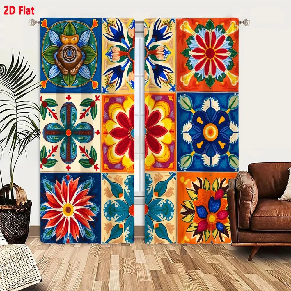 2Pcs Curtains Add 2D Flat Vibrant Floral Geometric Tile Grid Inspired By Mexican Talavera And Moroccan Zellige Art Window Drapes