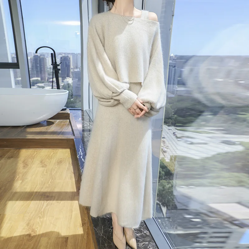

Autumn Winter New Fashion Thickened Mink Wool Suit Skirt Female Solid Color Word Collar Pullover Dress Knitted Wool Sweater