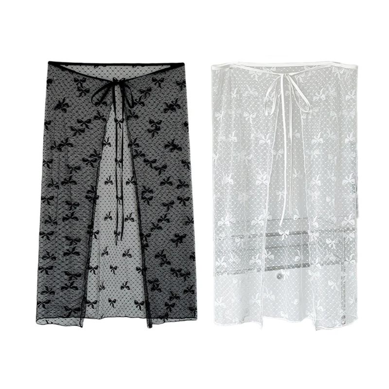 

Sweet Bowknot Pattern Sheer Mesh Half Skirt Hip Scarf Women Tie Up Aesthetic See Through Apron Skirts Covering Overskirt