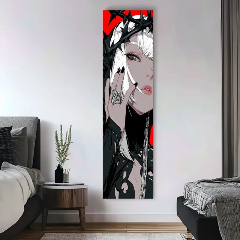1pc Black Thorns Crown Anime Girl Print Vertical Tapestry Living Room Entryway Dining Corridor Background Wall Art Decor