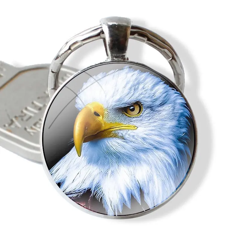 American Bald Eagle Painted Glass Metal Pendant Key Chain Classic Men Women Key Ring Accessories Jewelry Gifts