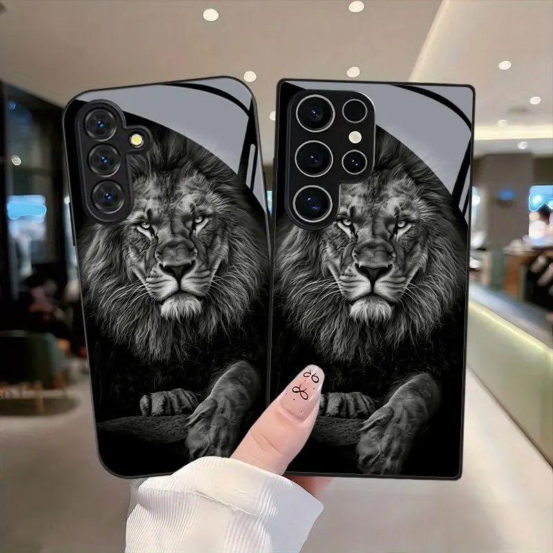 Strong lion head printed pattern TPU glass phone case, suitable for Samsung S26/S25/S24/S23/S22/S21/S20 and other models.