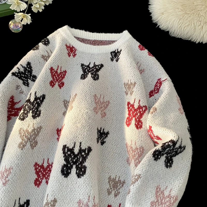 

Men's Oversized Pullovers Butterfly Pattern Knitted Loose Fit Soft Warm 2025 Fall Winter Sweater Casual Knitwear for Man Women