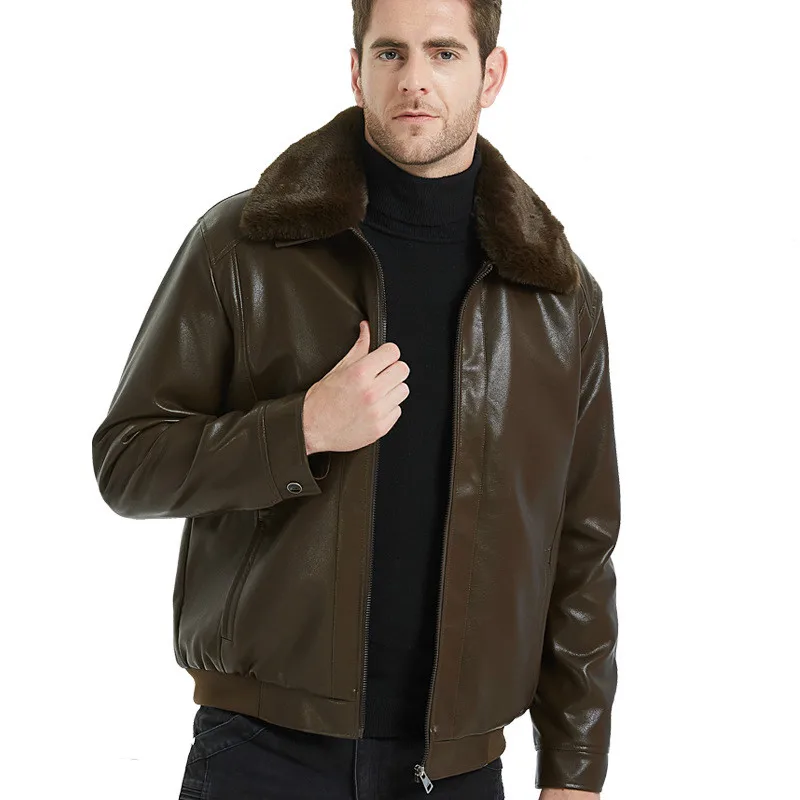 Male Oversized PU Leather Jacket Winter Faux Fur Collar Thick Fluffy Warm Faux Leather Coat Black Leather Jacket Mens Overcoat