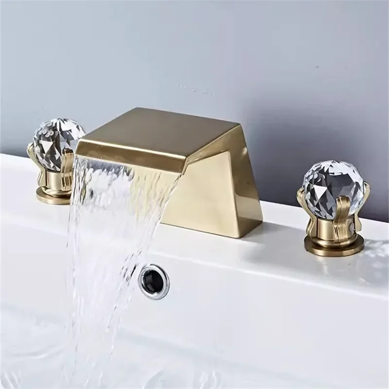 Brushed Gold Bathroom Faucet  Brass Black Basin Faucet Crystal  Sink Faucets 3 Hole Hot And Cold Waterfall Water Tap