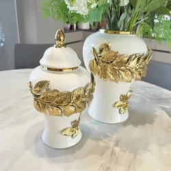 Ceramic Jars Ginger Cans General Jar Hand-embossed Flowers Golden Leaves Flower Vase Flower Arrangement Accessories