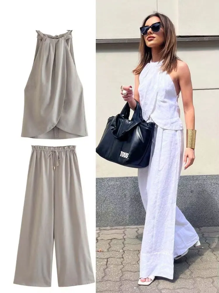 TRAFZA Female Summer Causal Solid Pants Suit Sleeveless Camisole Fashion  Street Female Tie Dye Tank Tops+Long Pants Set Mujer