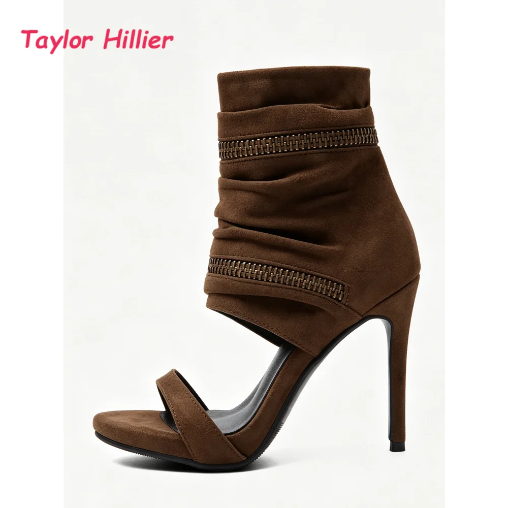 Women Open Toe Faux Suede High Heel Sandals Ankle Cuff With Metal Zipper Decor Stiletto Heels Fashion Party Chic Ladies Shoes